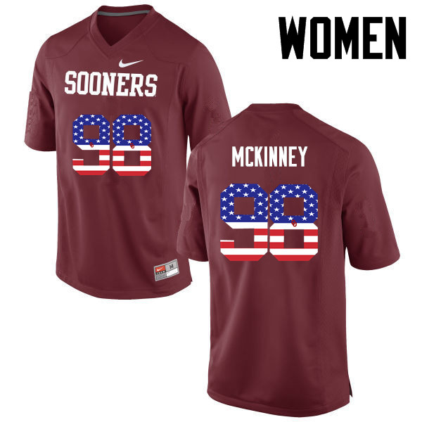 Women Oklahoma Sooners #98 Zacchaeus McKinney College Football USA Flag Fashion Jerseys-Crimson - Click Image to Close